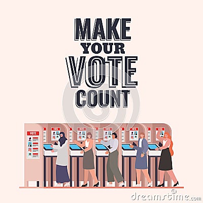Women at voting booth with make your vote count text vector design Vector Illustration