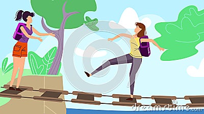 Women Walking along Suspension Bridge in Forest Vector Illustration