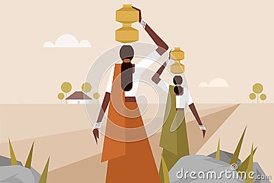 Women walking with water pots on their heads through a barren land Vector Illustration