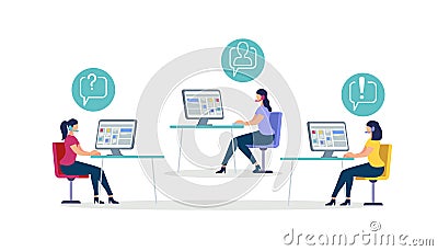 Women Wearing Head Set Sit at Desks with Computer Vector Illustration