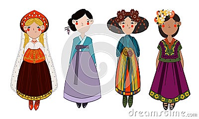Women wearing stylish various national costumes vector illustration Vector Illustration