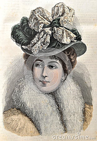 Women wearing vintage elegant hat fashion engraving France Paris Editorial Stock Photo
