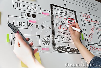 Women website designer creative planning application development drawing template layout framework wireframe design studio . User Stock Photo