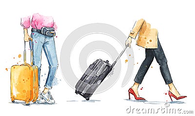 Women with wheeled suitcases walking. Watercolor luggage illustration Cartoon Illustration