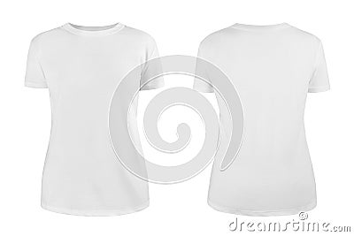 Women white blank T-shirt template,from two sides, natural shape on invisible mannequin, for your design mockup for print, isolate Stock Photo