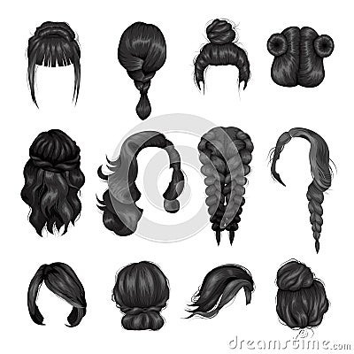 Women Wigs Hairstyle Back Icons Set Vector Illustration