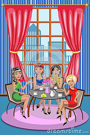 Women Woman Friends Chatting Coffee Relax Cafe Vector Illustration