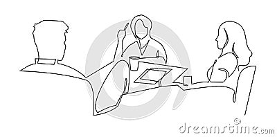 Women work together for business lunch vector art. Business team meeting continuous line drawing. Friends in cafe Vector Illustration