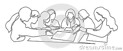 Women work together for business lunch vector art. Business team meeting continuous line drawing. Friends in cafe Vector Illustration