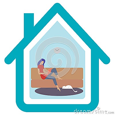 Young girl working at home on a laptop in the living room Vector Illustration