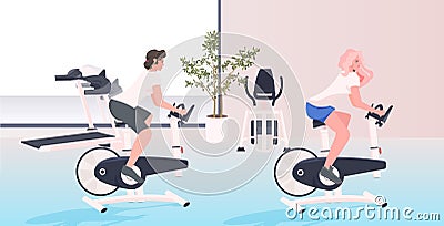 Women working out on stationary bike fitness cardio training workout healthy lifestyle concept Vector Illustration