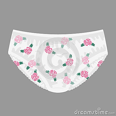 Women's cotton panties with a cute rose flower print. Trendy women's underwear. Female thongs. Flat colorful vector Vector Illustration