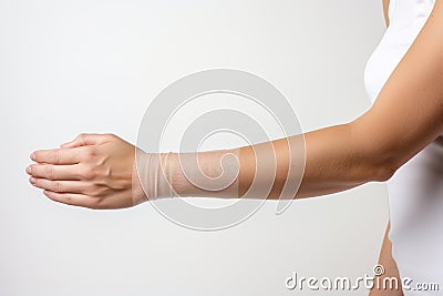 women& x27;s hand with bandage on wrist. Concept of pain in beam of carpal joint Stock Photo