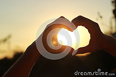 Women's hands are crossed in the form of the heart through which the sun' rays make the way at the sunset Stock Photo