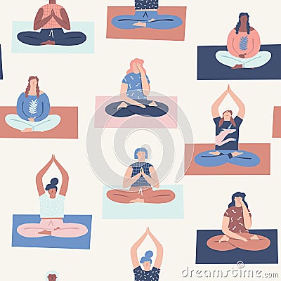 Women yoga class with interracial people doing breathing exercises seamless pattern in vector. Vector Illustration