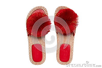 Womens boots and shoes. Top view of a pair women slipper with red pompoms isolated on a white background. Fashion of sandals Stock Photo