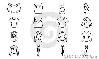 Womens clothes vector icons set line black EPS 10. Womens wear illustration..... Flat outline sign.. Shop online concept. Females Vector Illustration