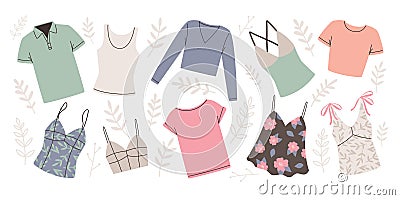 Womens clothing includes tops, t-shirts and tank tops Vector Illustration