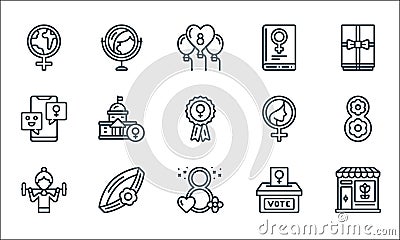 Womens day line icons. linear set. quality vector line set such as shop, eight, woman, vote, bracelet, mobile, woman, book, mirror Vector Illustration