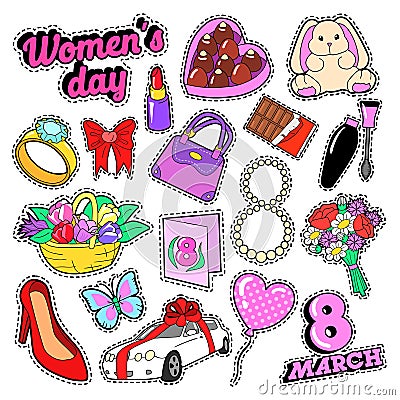 Womens Day 8 March Elements Set with Flowers and Cosmetics for Stickers, Badges, Patches Vector Illustration