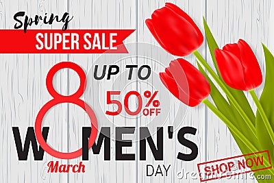 Womens Day sale design for web banner, flyer or background composition with red tulips. Vector Illustration