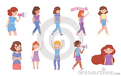 womens day strong girls different cultures, group female activists Vector Illustration