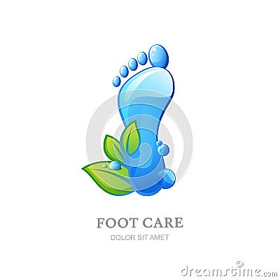 Womens foot care logo, label design. Female sole with clean water texture and green leaves. Vector Illustration