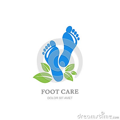 Womens foot care logo, label design. Female sole and green leaves. Vector Illustration