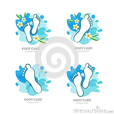 Womens foot care. Set of logo, label design. Female sole and flowers on water splash background. Vector Illustration