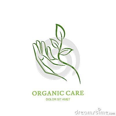 Womens hand with green plant and leaves. Vector logo, label, emblem design elements. Vector Illustration