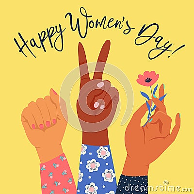 Womens hand with her fist raised up. Girl Power. Feminism concept. Vector Illustration