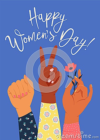 Womens hand with her fist raised up. Girl Power. Feminism concept. Vector Illustration