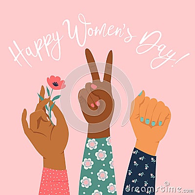 Womens hand with her fist raised up. Girl Power. Feminism concept. Vector Illustration