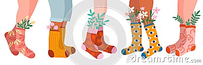 Womens legs in socks. Different cotton patterned products with spring flowers. Fashionable colors wear. Feet in casual Vector Illustration