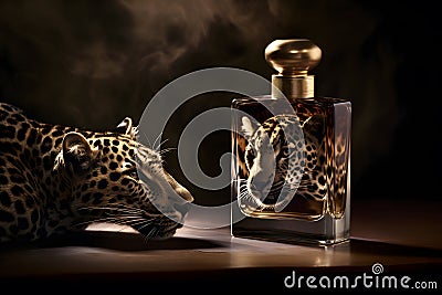 Womens Perfume in a glass bottle on a dark background in leopard wild design. Neural network AI generated Stock Photo