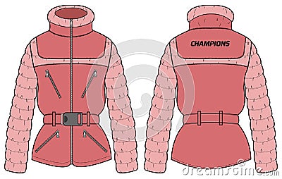 Womens Quilted Puffer jacket design flat sketch Illustration, Down puffa Padded jacket with front and back view, Soft shell winter Vector Illustration