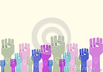 Women raised fists on off white illustration, women`s rights, power, solidarity and protest concept Cartoon Illustration