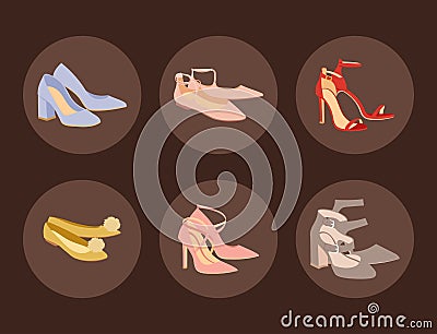Womens shoes flat design vector footwear shoe store ad fashion boots collection hand drawn style of leather colored Vector Illustration