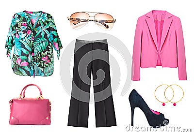 Womens Summer fashion. Collage set of light woman clothes isolat Stock Photo