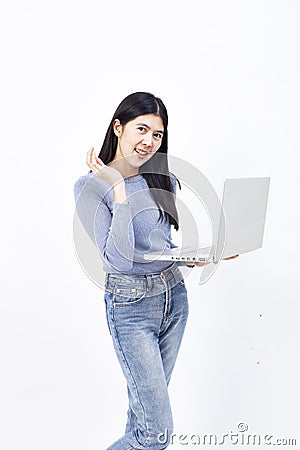 womon hand holding laptop voice activated Stock Photo