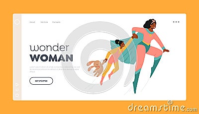 Wonder Woman Landing Page Template. Superhero Mother Character with Daughter. the Best Mom Protects Her Kid Vector Illustration