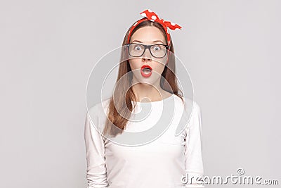 wondered shocked face. portrait of beautiful emotional young wom Stock Photo