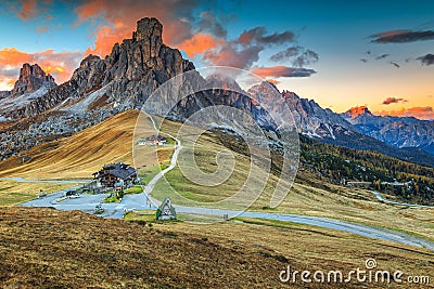 Wonderful alpine pass with high peaks in background,Dolomites,Italy Stock Photo