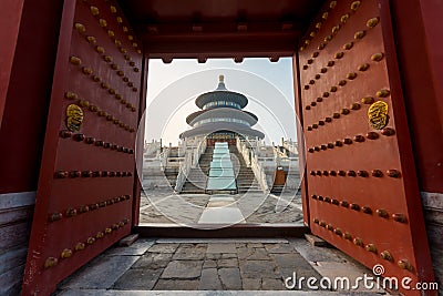 Wonderful and amazing Beijing temple - Temple of Heaven in Beijing, China. Hall of Prayer for Good Harvest.. Stock Photo