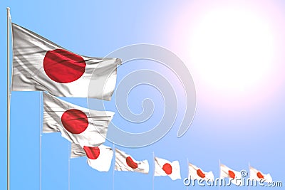 Nice many Japan flags placed diagonal with bokeh and free space for your content - any feast flag 3d illustration Cartoon Illustration