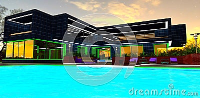 Wonderful blue glowing surface of the swimming pool in front of the private eco-friendly-cottage against the night sky. 3d Stock Photo