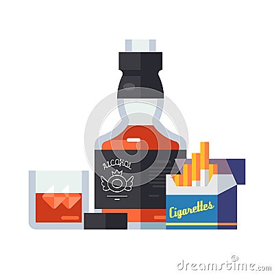 Wonderful bottle of whiskey glass with ice, open a pack of cigarettes Vector Illustration