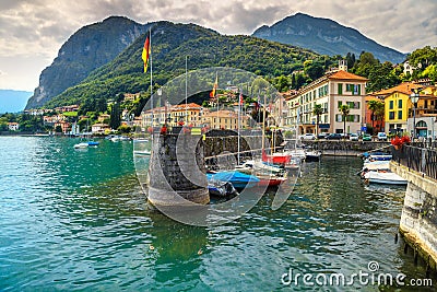 Wonderful cityscape and harbor with colorful boats, Menaggio, Lake Como Stock Photo