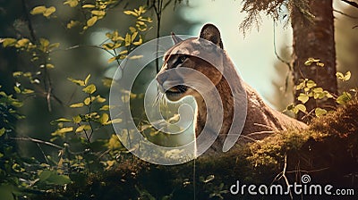 wonderful colored image of a puma sitting in a forest Stock Photo