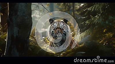 wonderful colored image of a tiger sitting in a forest Stock Photo